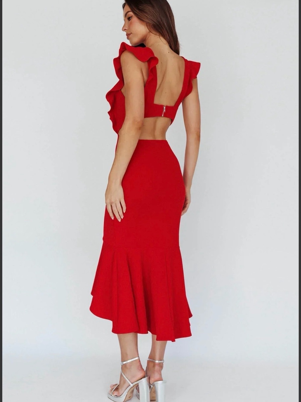 Selfie Leslie Pinafore Ruffled Midi Dress in Lipstick Red. - Picture 3 of 7